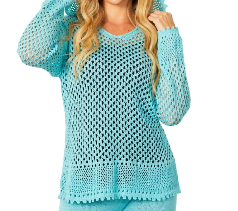 Today’s Deal V-Neck Crochet Hoodie In Aqua