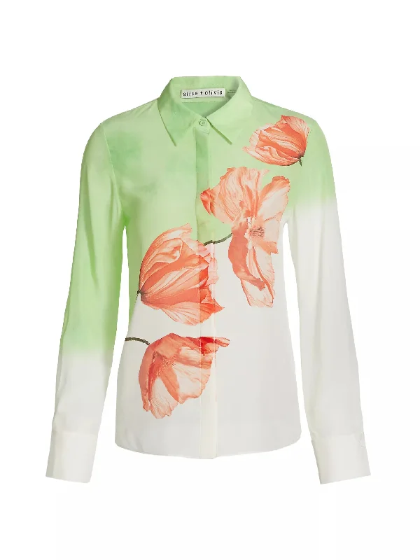 Price Rollback alice + olivia Brady Ombre Floral Silk Button Down Shirt, Dream Life Sharp Green