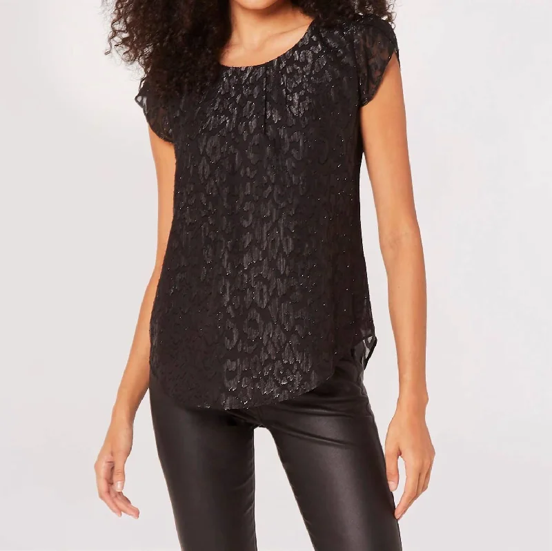 Deal Explosion Animal Print Lurex Tulip Sleeve Top In Black