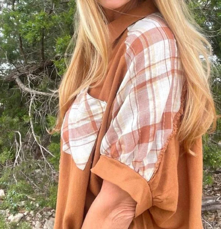 The Best Prices Camel Linen Plaid Button Down Shirt With Unfinished Frayed Hem In Brown