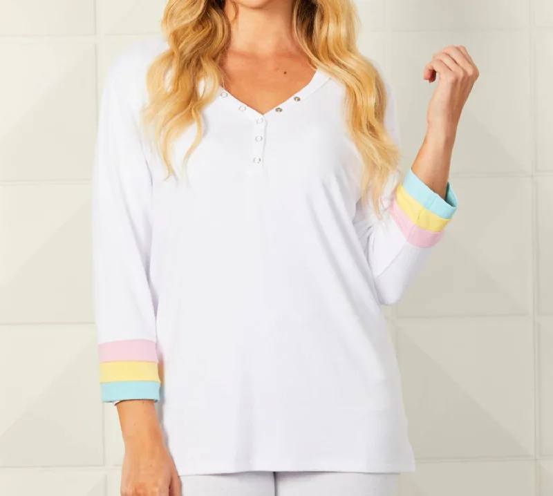 Daily Deals Detail Button Neck Multi Color Sleeve Top In White
