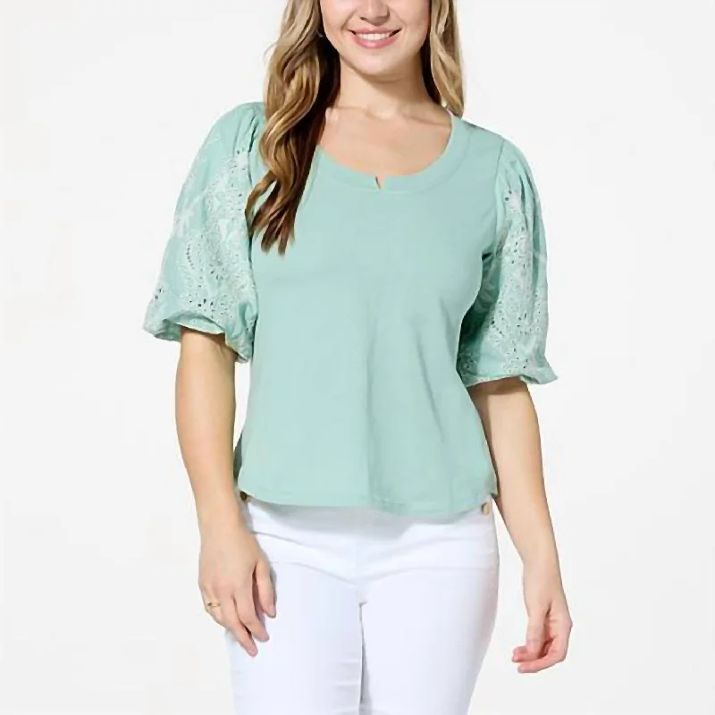 Deal Frenzy Embroidered Sleeve Top In Marble Mint