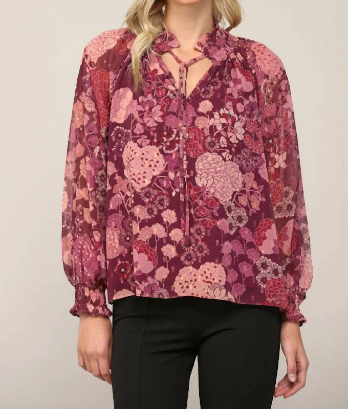 Deep Discounts Floral Print Lurex Chiffon Tie Neck Blouse In Maroon Multi