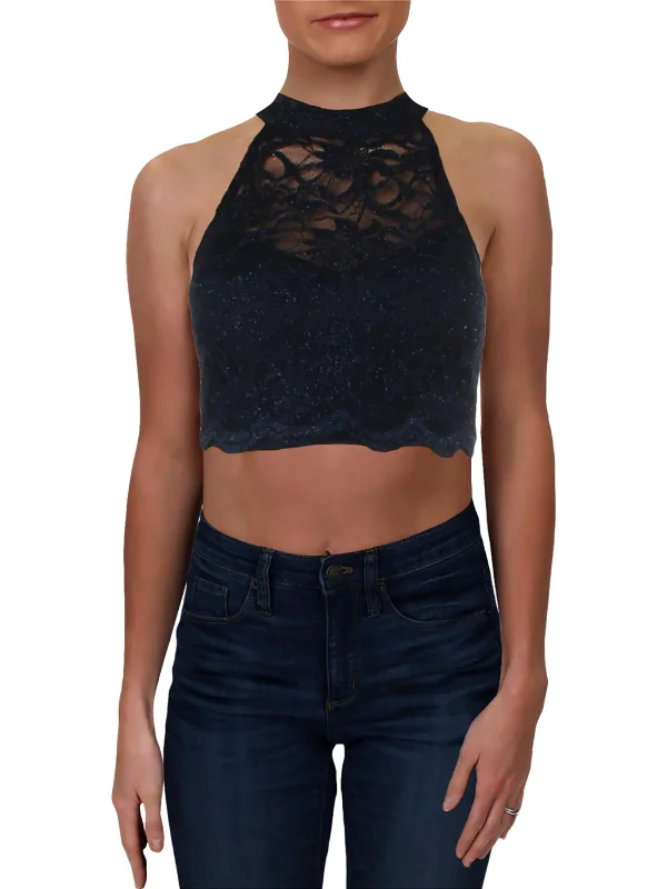 Super Bargain Juniors Womens Lace Glitter Crop Top