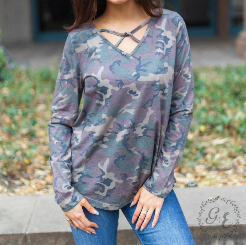 Exclusive Access Let's Take A Road Trip Caged Long Sleeve With V Neck Top In Camouflage