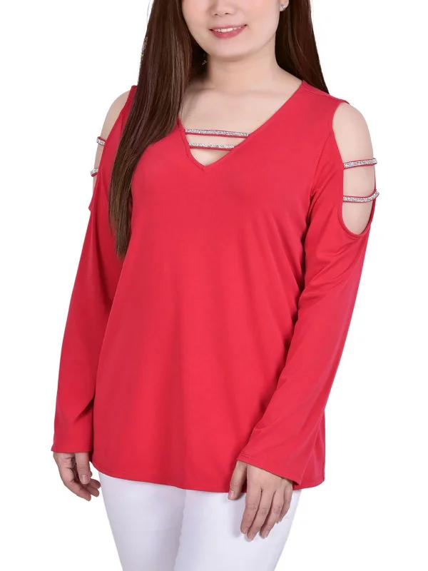 Super Deal Petites Womens Embellished V-Neck Blouse