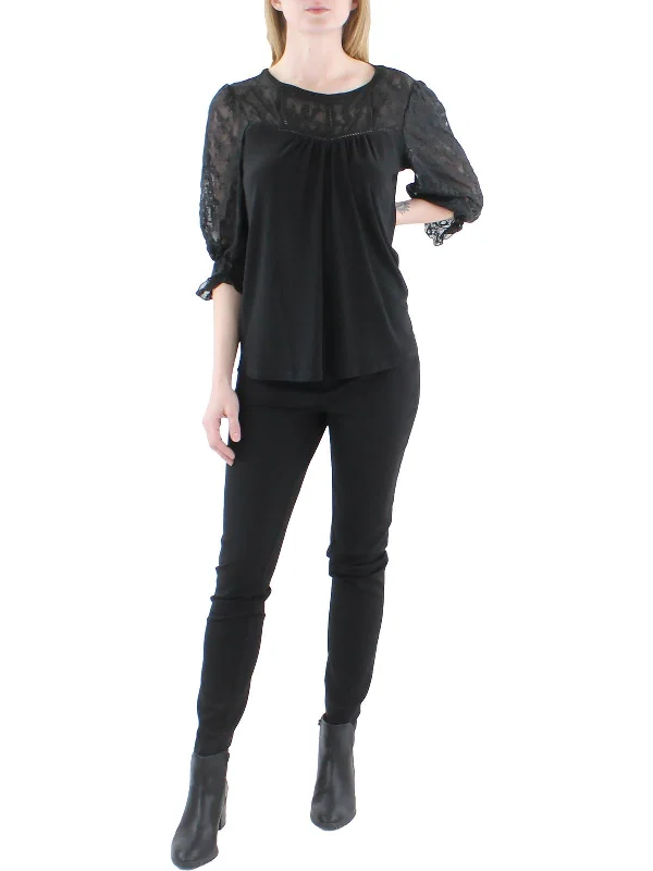New Arrival Petites Womens Knit Lace-Trim Blouse
