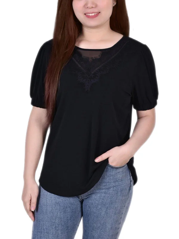 Loyalty Reward Petites Womens Lace Neckline Puff Sleeve Blouse
