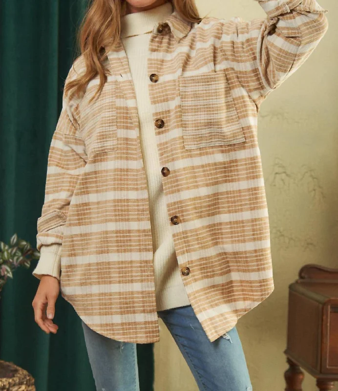 Can't Miss Plaid Button Down Shacket In Taupe