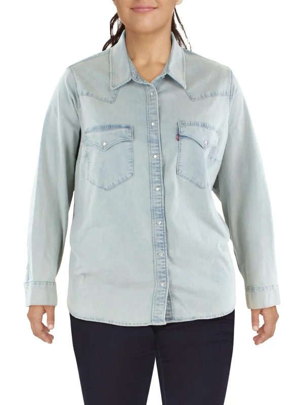 Doorbuster Deal Plus Womens Collar Long Sleeve Button-Down Top