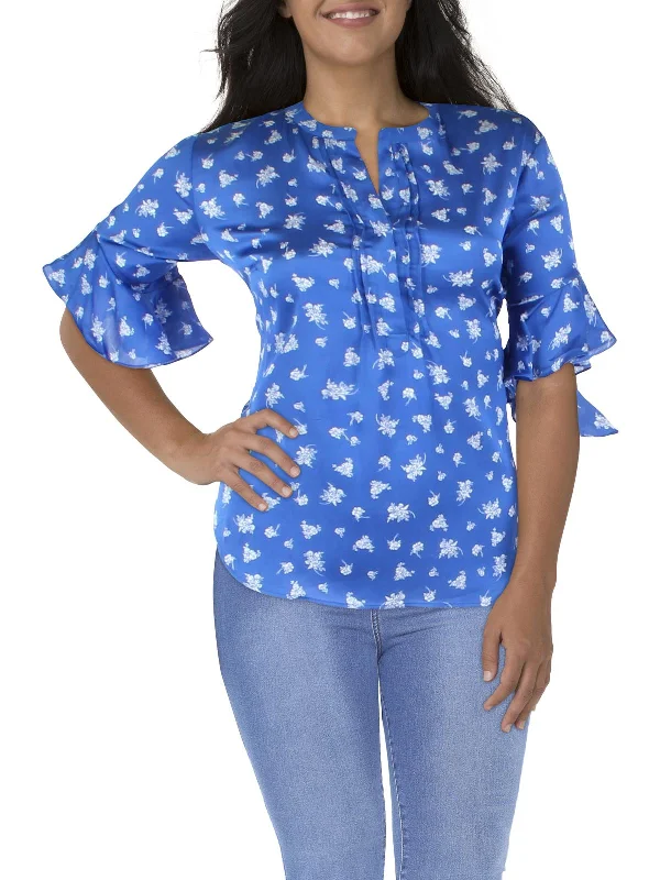 Early Bird Discount Plus Womens Floral Bell Sleeve Blouse
