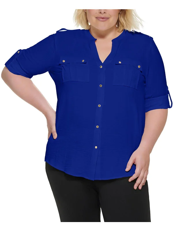 Best Seller Plus Womens Pocket Polyester Button-Down Top