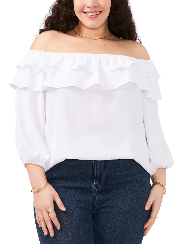 Price Slash Plus Womens Ruffled Polyester Pullover Top