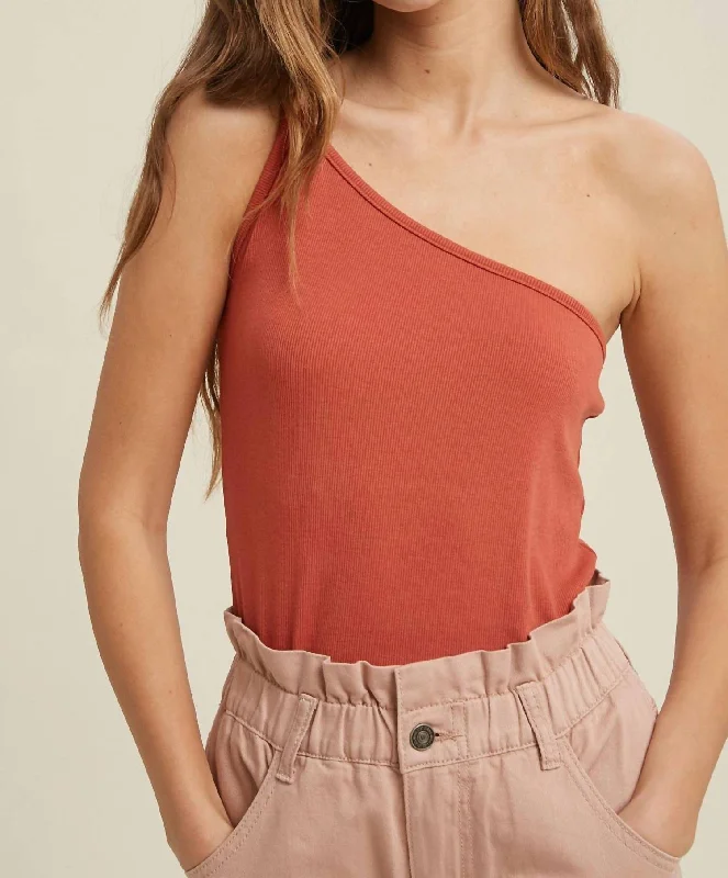 Lowest Price Ribbed One Shoulder Top In Brick