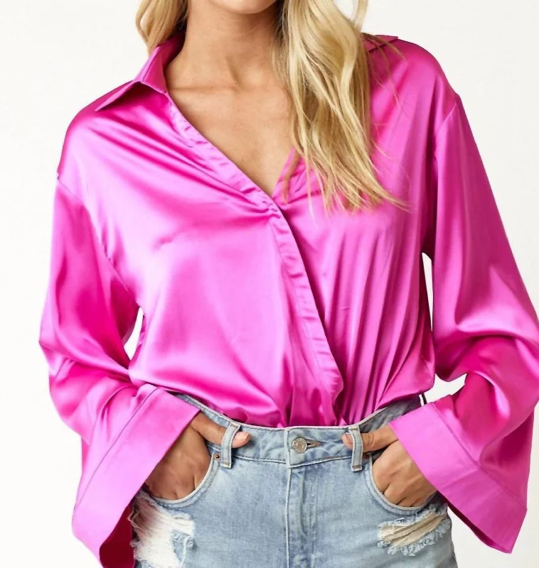 Deal Mania Satin Surplice Bodysuit In Magenta