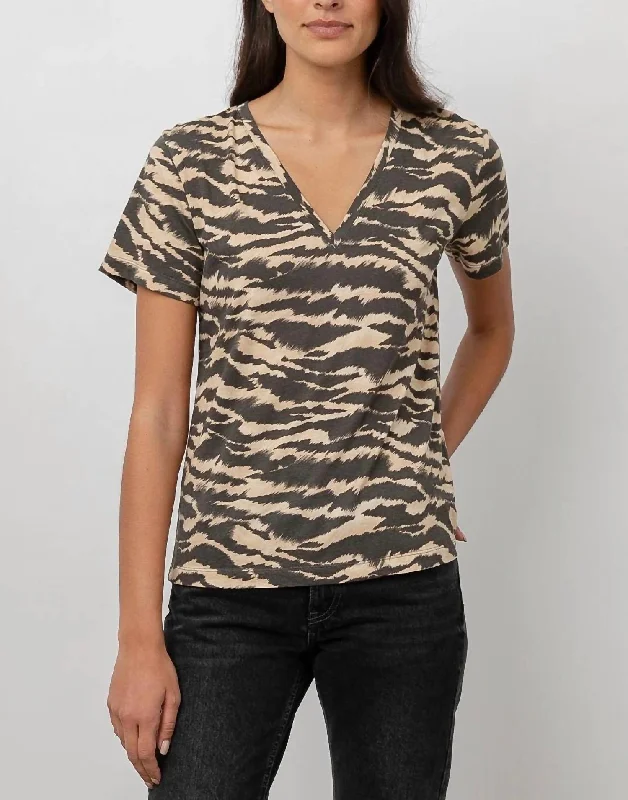 Closeout Sale The Cara V Neck Top In Tan New Wave Tiger