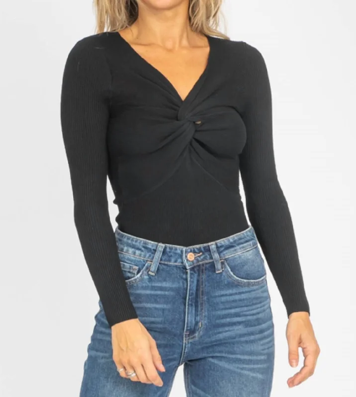 Super Bargain Twisted Front Knit Top In Black