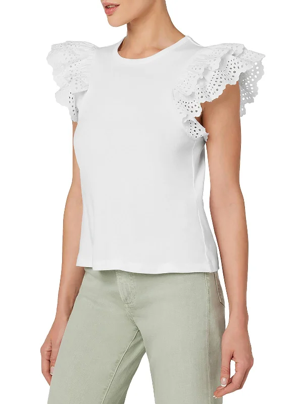 Instant Savings Womens Eyelet Sleeve Solid Pullover Top