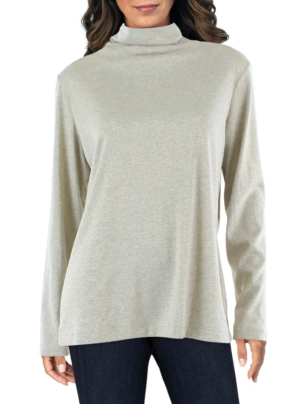 Referral Discount Womens Metallic Ribbed Turtleneck Top