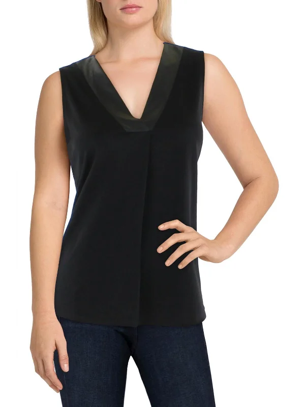 Holiday Sale Womens Pleat Front Faux Leather Trim Blouse