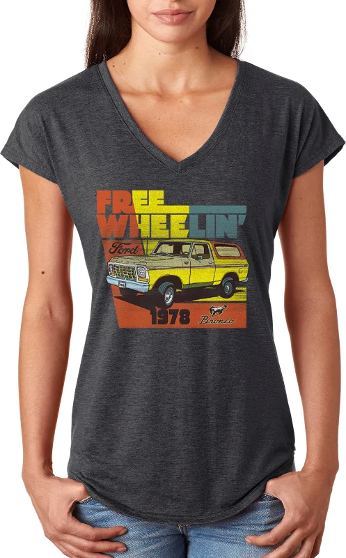 Sale Event 1978 Ford Bronco Free Wheeling Ladies Triblend V-Neck Shirt