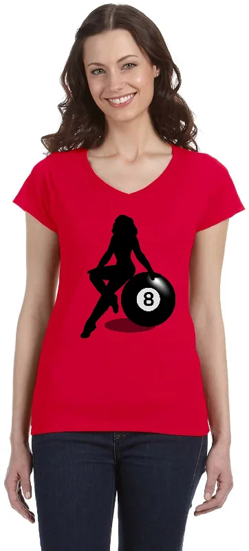 Stock Clearance Billiards Pin Up Girl 8 Ball Ladies V-neck Shirt