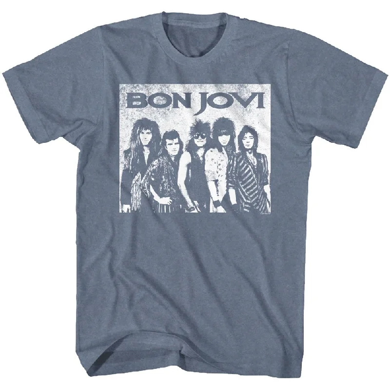Shop and Save Bon Jovi Distressed Group Photo Indigo Heather T-shirt