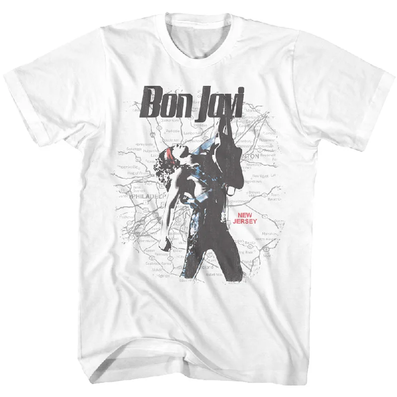 Huge Discounts Bon Jovi New Jersey Map White T-shirt