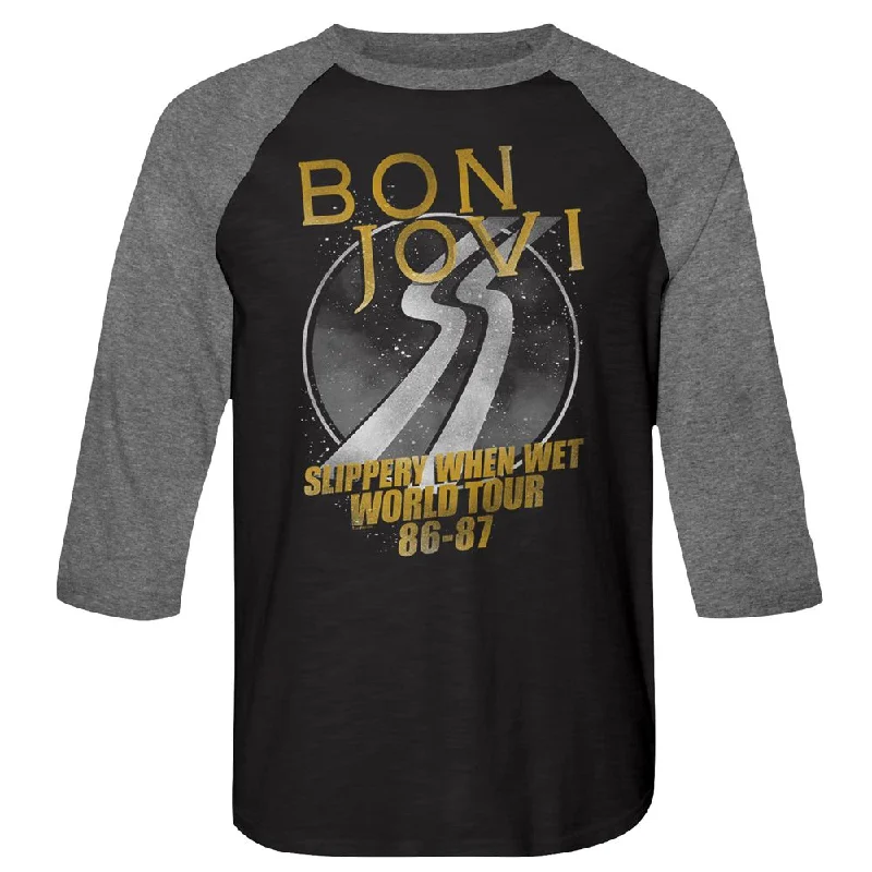 Limited Time Offer Bon Jovi Raglan Shirt Slippery When Wet World Tour Black/Grey Tee