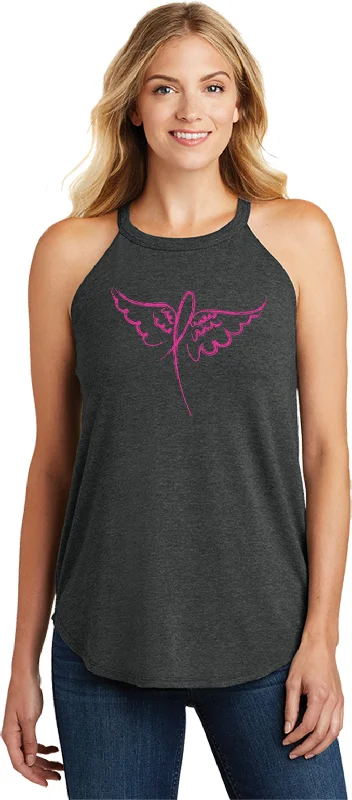 Clearance Event Breast Cancer Awareness Wings Ribbon Ladies Tri Rocker Tanktop