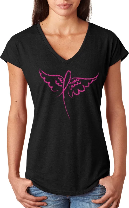 Stock Up and Save Breast Cancer Awareness Wings Ribbon Ladies Triblend V-Neck Shirt