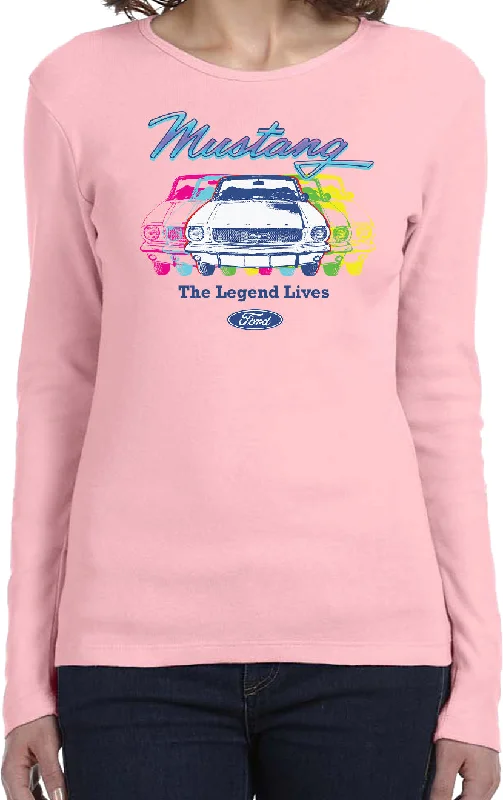 Special Discount Colorful Ford Mustang Ladies Long Sleeve Shirt Legend Lives