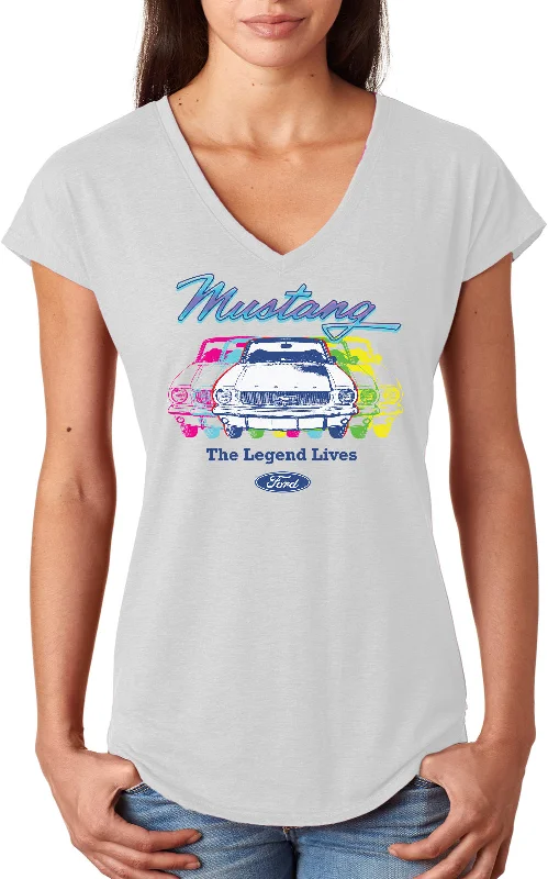 Savings Galore Colorful Ford Mustang Ladies Triblend V-Neck Shirt Legend Lives