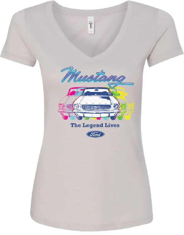 Reduced Prices Colorful Ford Mustang Ladies V-Neck Shirt Legend Lives