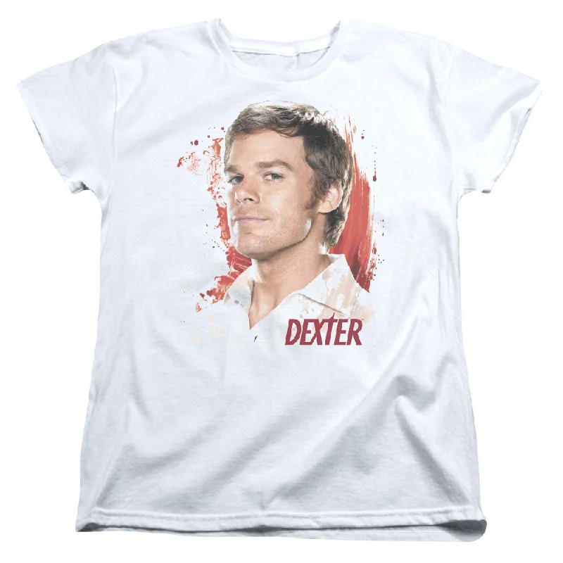 Take Advantage Dexter Womens T-Shirt Blood Splatter Portrait White Tee
