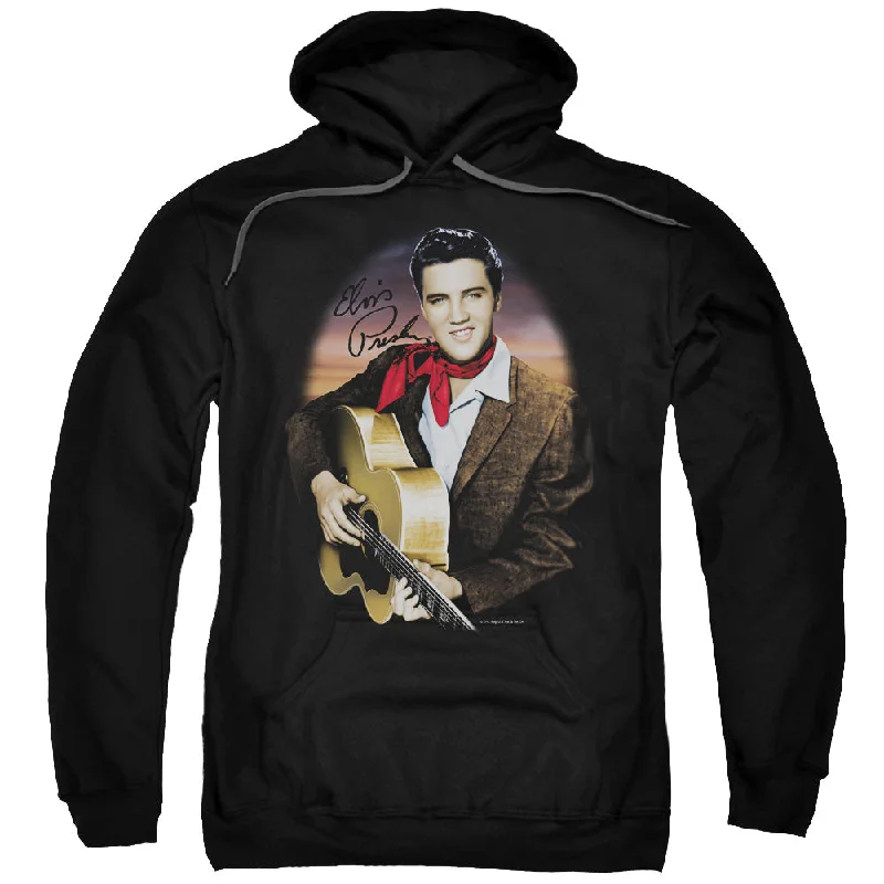 Online Only Elvis Presley Hoodie Red Scarf and Guitar Black Hoody