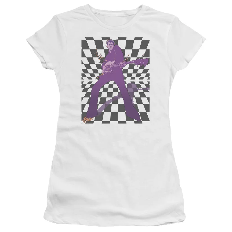 Midnight Madness Elvis Presley Juniors T-Shirt Checkered Portrait White Premium Tee