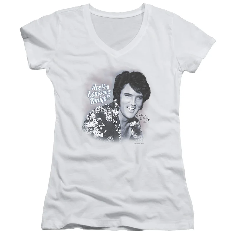 Closeout Sale Elvis Presley Juniors V-Neck T-Shirt Are You Lonesome Tonight White