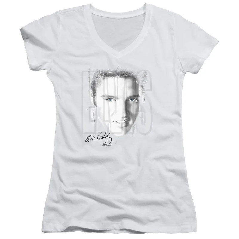 Midnight Madness Elvis Presley Juniors V-Neck T-Shirt Blue Eyes White Tee