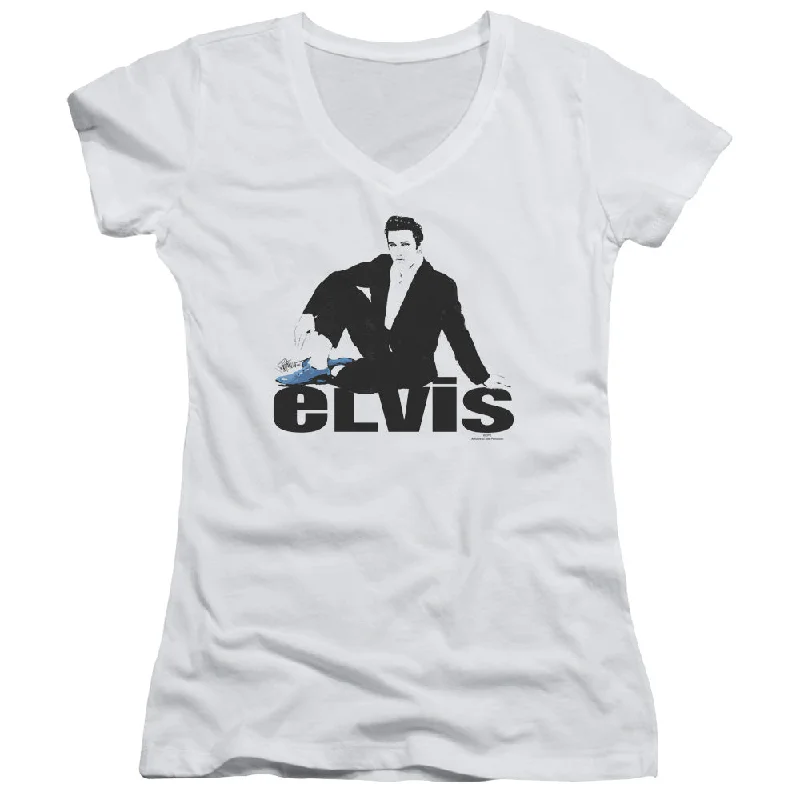 Midnight Sale Elvis Presley Juniors V-Neck T-Shirt Blue Suede Shoes White Tee