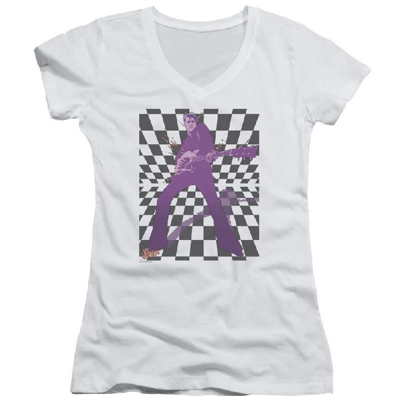 Final Clearance Elvis Presley Juniors V-Neck T-Shirt Checkered Portrait White Tee