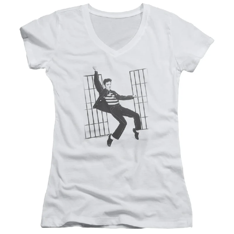 Clearance Event Elvis Presley Juniors V-Neck T-Shirt Jailhouse Rock White Tee