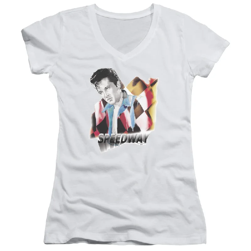 New Deals Elvis Presley Juniors V-Neck T-Shirt Speedway White Tee