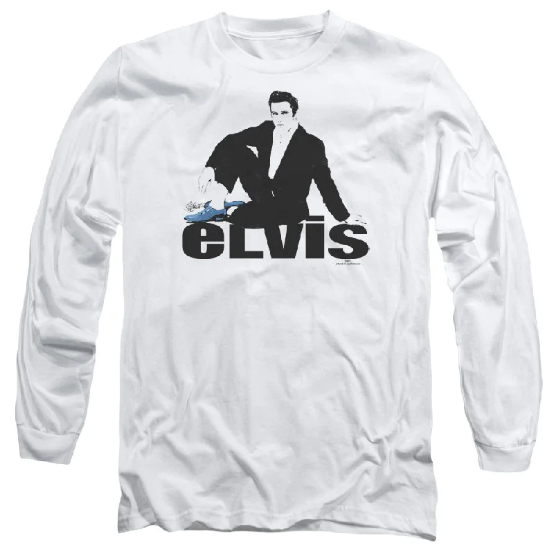 Super Savings Elvis Presley Long Sleeve T-Shirt Blue Suede Shoes White Tee