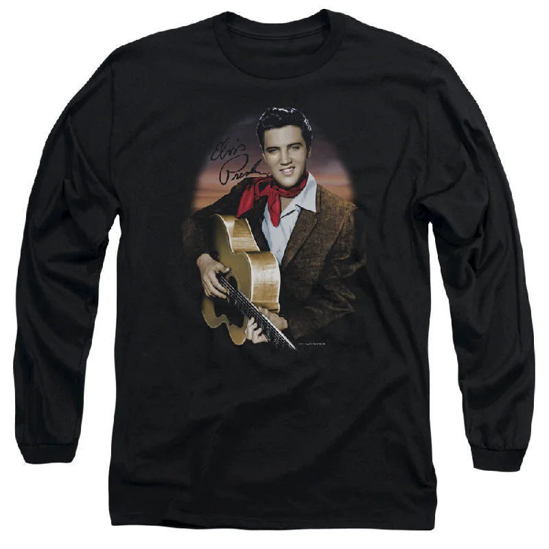 Sale Event Elvis Presley Long Sleeve T-Shirt Red Scarf and Guitar Black Tee