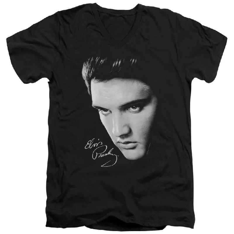 Steals and Deals Elvis Presley Slim Fit V-Neck T-Shirt Close Up Black Tee