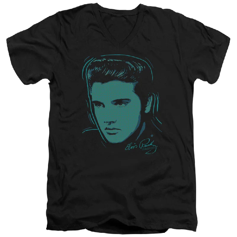 Hurry In Elvis Presley Slim Fit V-Neck T-Shirt Dots Portrait Black Tee