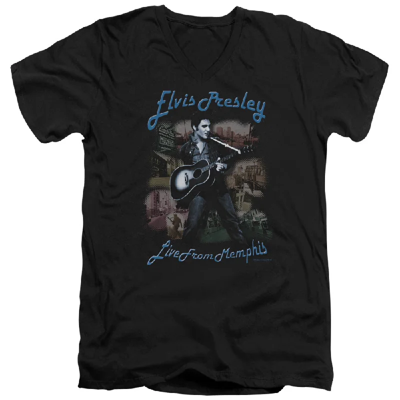 One-DAY Sale Elvis Presley Slim Fit V-Neck T-Shirt Live from Memphis Black Tee