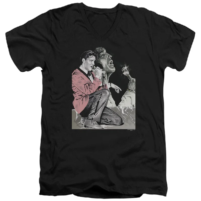 Warehouse Sale Elvis Presley Slim Fit V-Neck T-Shirt Mic Smoking Black Tee