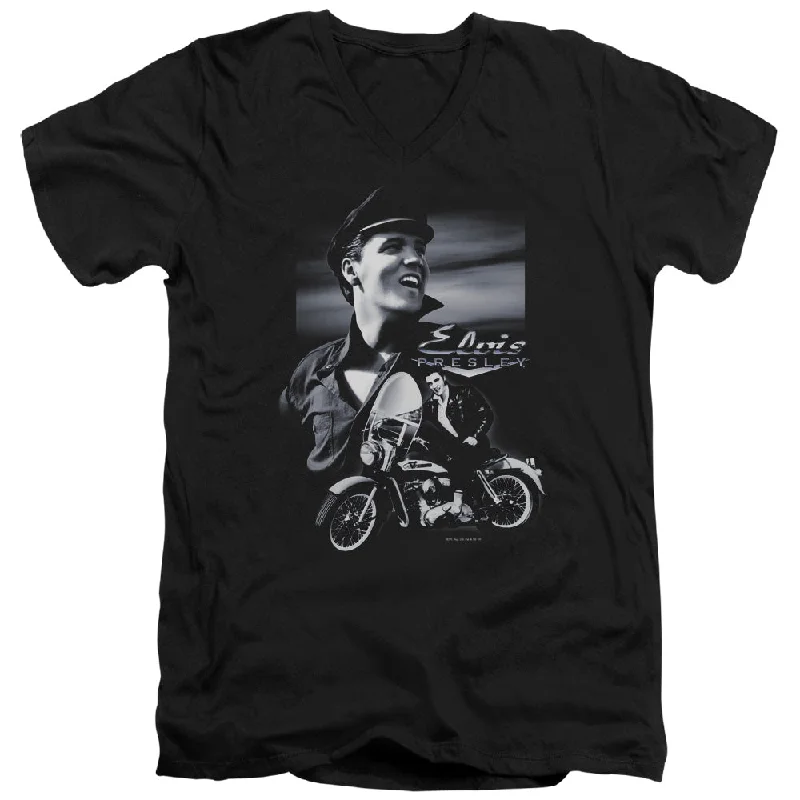 Can't Be Beat Elvis Presley Slim Fit V-Neck T-Shirt Motorcycle Black Tee